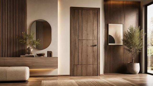 Natural wood veneer for door design with rich grain by Mikasa Decowood Veneers
