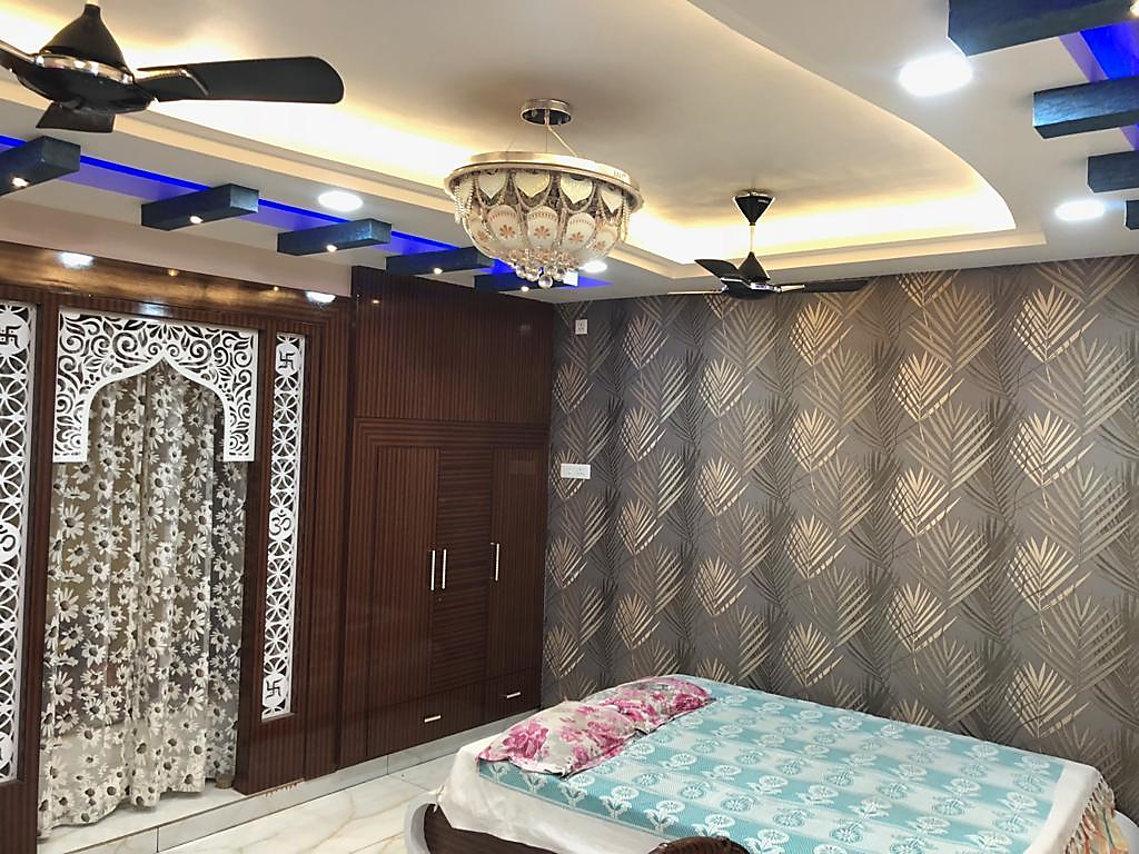 Modern bedroom with stylish wood veneer wardrobe designs